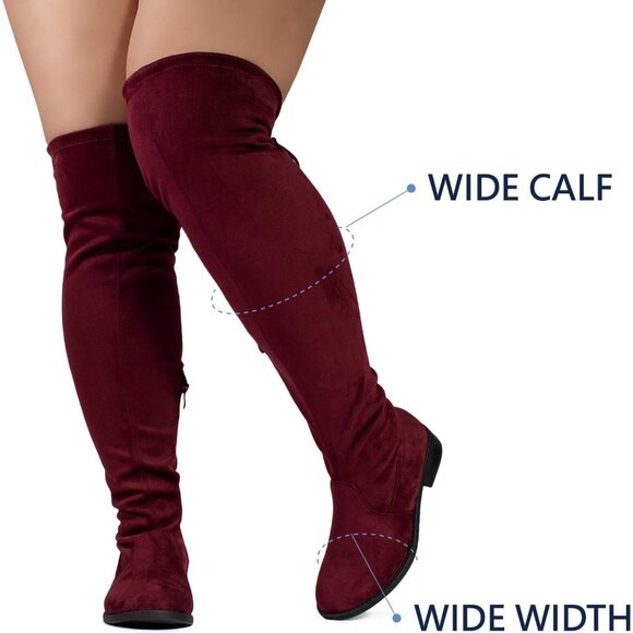 Women's Burgundy Rounded Toe Stretchy Over The Knee Low Heel Wide Calf Boots - Picture 4 of 6